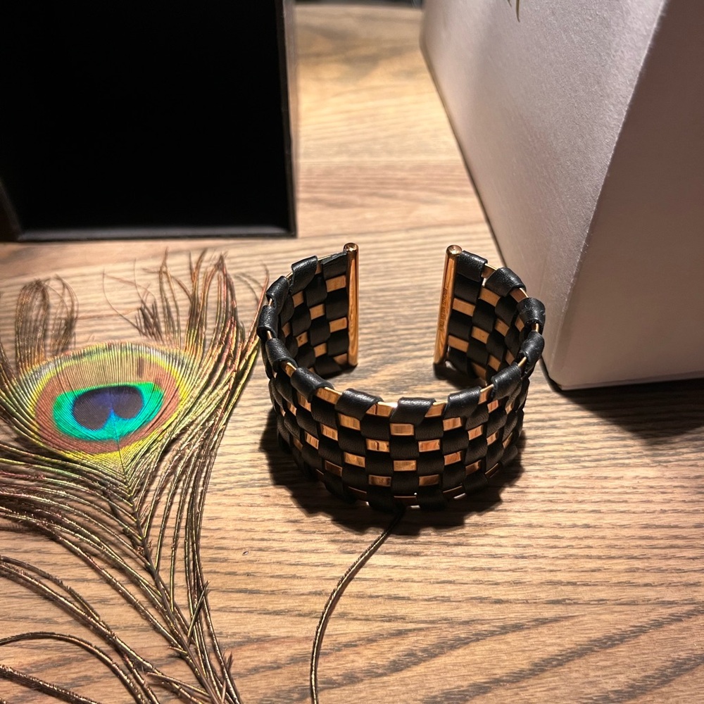 Milor Italy Black and Gold Woven Leather & Bronze Bracelet